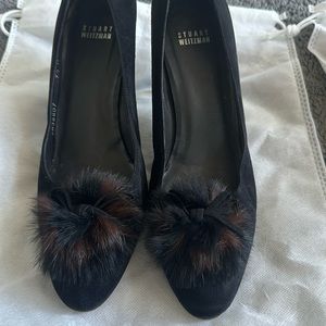 Stuart Weitzman black suede pumps with fur Pom Pom